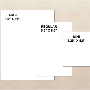 three different sizes of white paper sheets, labeled as "LARGE 8.5" x 11", "REGULAR 5.5" x 8.5", and "MINI 4.25" x 5.5", indicating the paper sizes available.