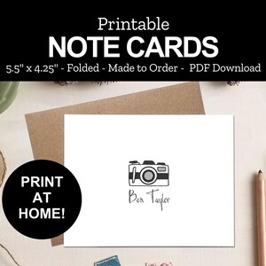 Printable Camera Note Cards - Personalized Stationery - Gift for Photographer - Print at Home PDF
