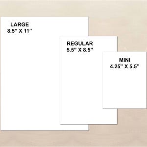 three different sizes of white paper sheets, labeled as "LARGE 8.5" x 11", "REGULAR 5.5" x 8.5", and "MINI 4.25" x 5.5", indicating the paper sizes available.