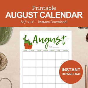 August Printable Calendar Planner for August Undated Monthly Classroom Calendar for Teachers Family Calendar Instant Download