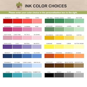 May include: A color chart displaying various ink color options labeled with names such as Scarlett, Chili, Tango, Coral, Pine Tree, Spring Leaves, Sage, Sea Foam, Raspberry, Strawberry, Charming, Rose, Artichoke, Asparagus, Laurel, Mint, and others.