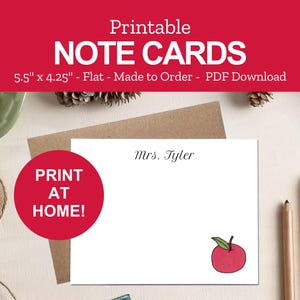 Printable Apple Note Cards - Personalized Stationery Gifts for Teachers - Print at Home PDF