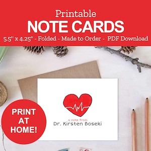 Printable Heartbeat Note Cards for Doctors or Nurses - Personalized Medical Stationery Gift - Print at Home PDF