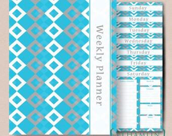 Teal and Gray Diamonds, Printable Weekly Planner, Set of 8, Cover Included, Instant Download