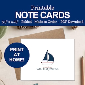Printable Sailboat Note Cards - Personalized Sailboat Cards - Sailor Gifts - Sailing Stationery - Print at Home PDF
