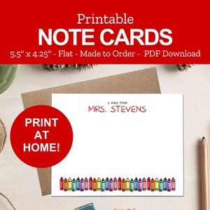 Printable Fat Crayons Note Cards - Personalized Stationery Gift for Preschool Teachers - Back to School - Print at Home PDF