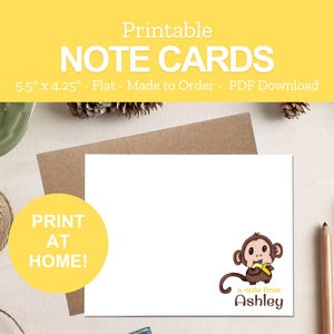 Printable Personalized Monkey Note Cards - Monkey Stationery for Kids - Gifts for Monkey Lovers - Print at Home PDF