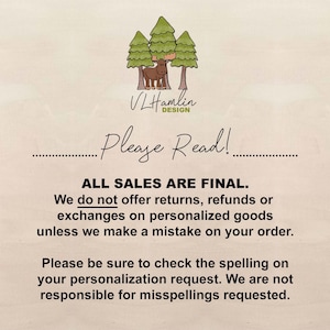 a message from V. Hamlin Design, asking customers to read the final sales information. The message states that the company does not offer returns, refunds, or exchanges on personalized goods unless there is a mistake on the order, and that customers should check the spelling on their personalized request. The company is not responsible for misspellings.