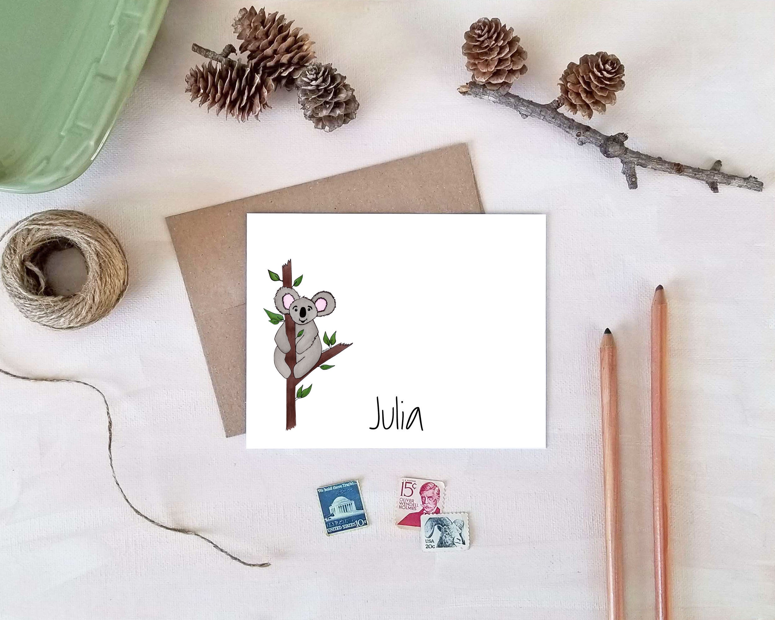 Personalized Koala Cards Set of 12, Custom A Note From Card, Koala Gifts  for Girls, Koala Baby Shower Thank You Note