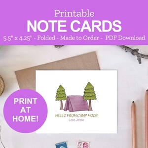 Summer Camp Note Cards - Printable Camping Notes - Personalized Camp Stationery - Gift for Kids - Print at Home PDF