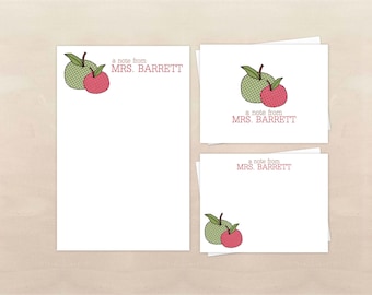 Personalized Teacher Stationery Gift Set - Personalized Notepad and Note Cards - Polka Dot Apple Teacher Gift