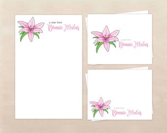 Pink Lily Notepad & Note Cards - Personalized Stationery Gift Set - Gifts for Women