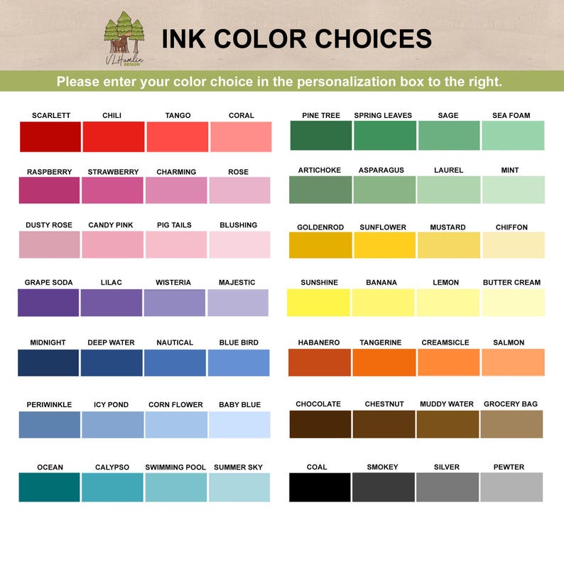 K&ouml;nnte beinhalten: Eine Farbkarte mit verschiedenen Tintenfarboptionen, die mit Namen wie Scarlett, Chili, Tango, Coral, Pine Tree, Spring Leaves, Sage, Sea Foam, Raspberry, Strawberry, Charming, Rose, Artichoke, Asparagus, Laurel, Mint und weiteren beschriftet sind.