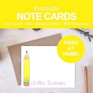 Printable Pencil Note Cards - Personalized Stationery Gift for Teachers - Back to School - Print at Home PDF