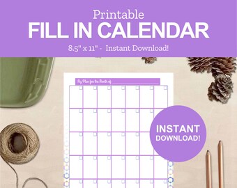Könnte beinhalten: Druckbarer 8,5 x 11 Zoll großer Ausfüllkalender mit violetten und weißen Akzenten. Der Kalender hat einen Bereich für "Mein Plan für den Monat" und ein Raster mit Quadraten für jeden Tag.