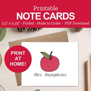 Printable Apple Note Cards for Teachers - Personalized Teacher Stationery Gifts - Print at Home PDF