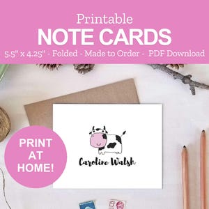 Printable Cow Note Cards - Personalized Cow Gifts - Farm Stationery Notes - Print at Home PDF