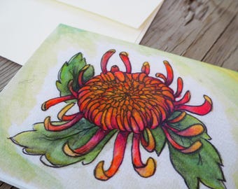 Pintura de acuarela de crisantemo floral, ilustración original, para todas las ocasiones, tarjeta de notas A6 plegada en blanco con sobre