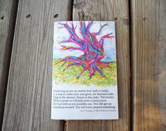 Cuaderno de notas en blanco con cita motivacional, diseño de acuarela y árbol de colores, tamaño A5, con tapa de arte