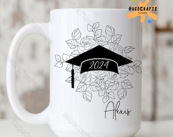 Gepersonaliseerde afstudeermok, Floral Graduate Hat Mok, Graduate Hat Cup, Afstudeercadeau, Afstudeerbeker, Afstuderen 2024 Keramische mok