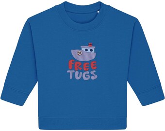 Geborduurd babysweater van biologisch katoen: boottrui 'Free Tugs'