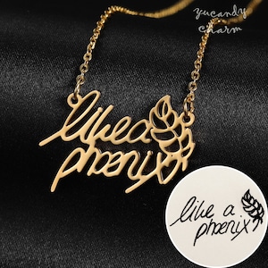 USA Personalized custom name actual Handwriting kids drawing Autograph signature tattoo graphic necklace Laser cut Rose Gold silver memory