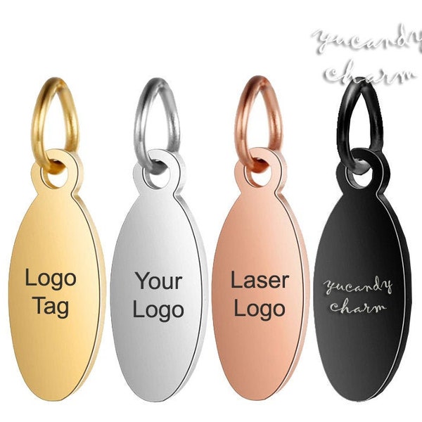 50 stuks kwaliteit spiegel gepolijst roestvrij staal aangepast logo sieraden tags mini ovale bedels gepersonaliseerde lasergravure wit goud rosé goud