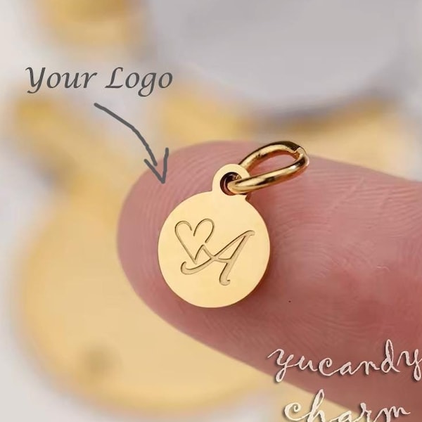 50pcs Custom Debossed 3D Logo Laser Etching Carving Engraving Polished Round Stainless Steel Jewelry Tags mini Gold Charms Personalized