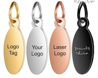 50pcs Quality Mirror Polished Stainless Steel Custom Logo Jewelry Tags Mini Oval Charms Personalized Laser Engraving White Gold Rose Gold