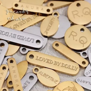 50pcs Custom Debossed 3D Logo Laser Etching Carving Engraving Polished OVAL Stainless Steel Jewelry Tags mini Charms Personalized Connectors