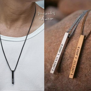 Personalized 4 sides custom name engraved 3D cube long bar necklace Laser engraving logo Black Silver Gold thick Cuban Chain Man Fathers Day