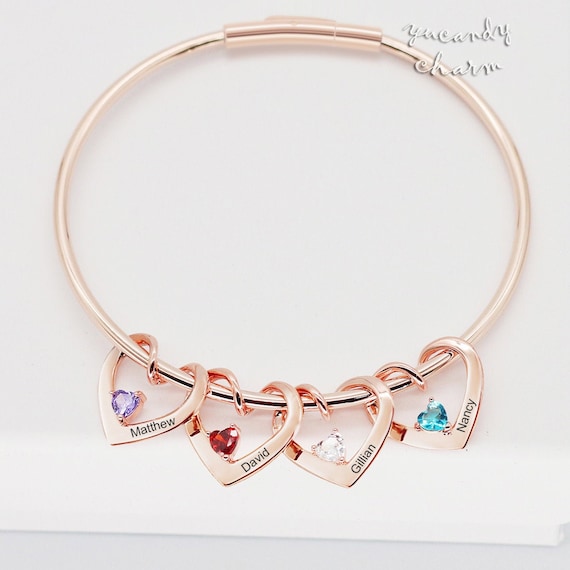 Personalized Heart Birthstone with Names Bangle Bracelet Personalized Heart Birthstone with Names Bangle Bracelet