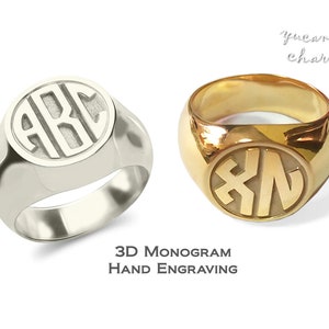 Anel de sinete com monograma personalizado em prata esterlina 925 sólida, letras maiúsculas, gravura 3D, logotipo, iniciais personalizadas, homem, mulher, família, noivado