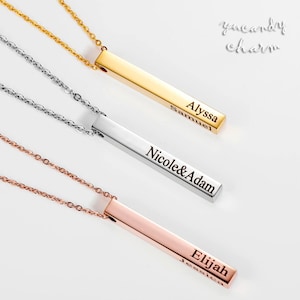 Personalized 4 sides custom name engraved 3D cube long bar necklace Laser engraving logo Rose Gold white gold Shine Chic Lasting family BFF