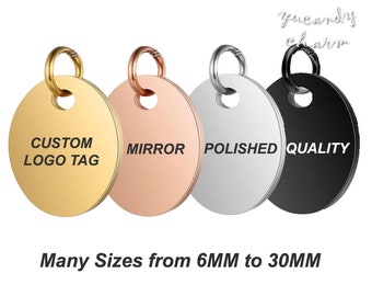 30pcs Haute Qualité Miroir Poli Acier Inoxydable Personnalisé Logo Bijoux Étiquettes Rond Sequin Charmes Personnalisé Gravure Laser Or Rose Blanc