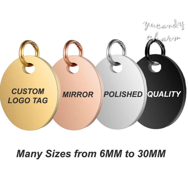 50pcs Quality Mirror Polished Stainless Steel Custom Logo Jewelry Tags Round Sequin mini Charms Personalized Laser Engraving White Rose Gold