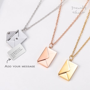 Grabado personalizado Oculto Carta de amor Mensaje secreto Sobre 3D Collar de medallón de oro Plata Boda de San Valentín Marry Me