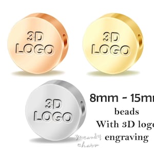 Könnte beinhalten: Drei Metallperlen in Roségold, Gold und Silber, jeweils mit einem 3D-Logo auf der Oberfläche graviert. Die Perlen haben eine Größe von 8 mm bis 15 mm. Der Text auf dem Bild lautet "beads With 3D logo engraving".