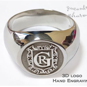 SOLID 925 Sterling Silver Custom 3D Engraving Logo Signet Ring Personalized Monogram Names Initials for Man Woman family crest coat of arms