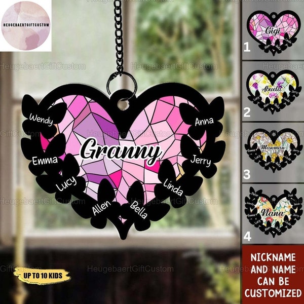 Personalized Suncatcher Ornament, Grandma Heart Window Hanging, Personalized Butterfly Grandkids Window Hanging, Grandma Gift