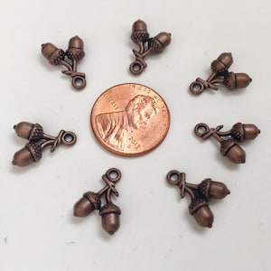 May include: Eight copper-toned acorn charms with a loop for hanging. The charms are arranged in a circle around a US penny for size reference.
