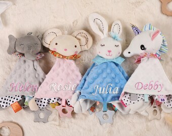 Gepersonaliseerde Baby Lovey, Aangepaste Baby Trooster, Geborduurde Naam Baby Deken, Baby Fopspeen Deken, Veiligheidsdeken, Animal Bunny Trooster