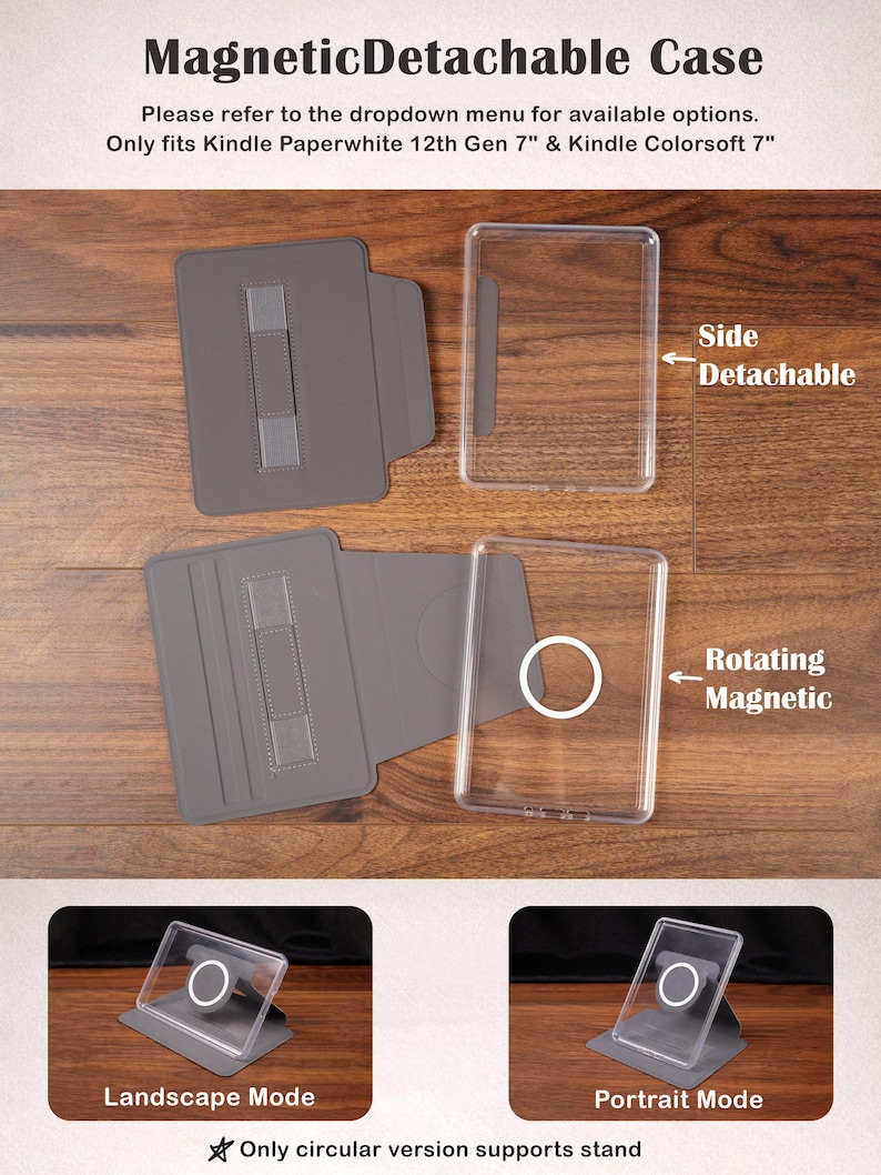 May include: A gray magnetic detachable case for Kindle Paperwhite 12th Gen 7" and Kindle Colorsoft 7". The case features a side-detachable design and rotating magnetic functionality. The circular version supports a stand for landscape and portrait modes.