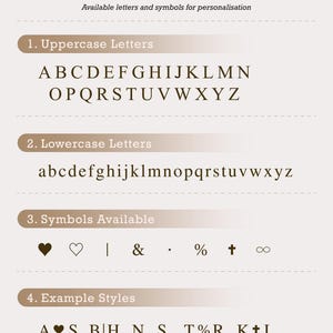 Gold and silver foil personalization guide for custom Kindle case. Alphabet letters and symbols available for monogram initials on personalized Kindle cover. Customizable Kindle Paperwhite case with up to six characters for unique reader gifts.