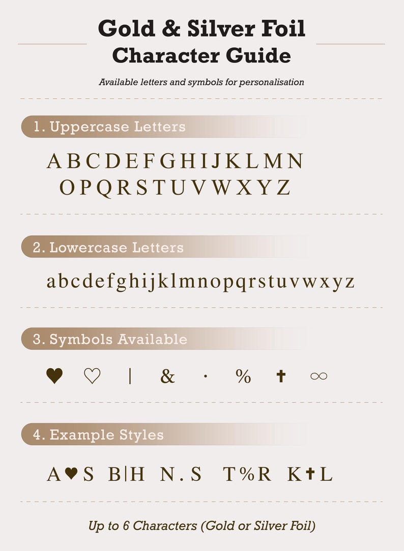 Gold and silver foil personalization guide for custom Kindle case. Alphabet letters and symbols available for monogram initials on personalized Kindle cover. Customizable Kindle Paperwhite case with up to six characters for unique reader gifts.