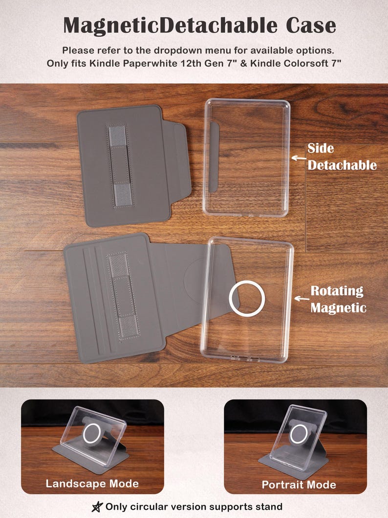 Puede incluir: Funda magn&eacute;tica desmontable para Kindle Paperwhite 12.&ordf; gen. 7 pulgadas y Kindle Colorsoft 7 pulgadas. El set incluye una cubierta gris con correa de mano y una carcasa de pl&aacute;stico transparente. Incluye funciones magn&eacute;tica giratoria y lateral.