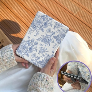 Custodia Kindle con motivo floreale vintage, cover blu per Kindle Paperwhite 11a/12a generazione, Kindle Scribe, Oasis – Custodia per e-reader retrò con funzione di attivazione automatica