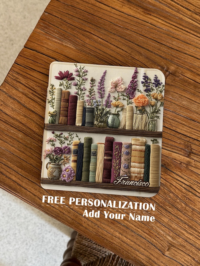 Free Personalized Floral Bookshelf Embroidery Kindle Case, Custom Name Vintage Library E-Reader Cover, Cute Bookish Embroidered Protective Case for Kindle/Kobo, Gift for Readers