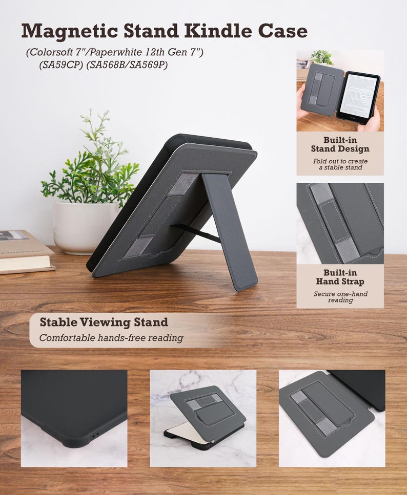 Puede incluir: Una funda magn&eacute;tica gris oscuro para Kindle, compatible con modelos Colorsoft de 7" y Paperwhite de 12.&ordf; generaci&oacute;n de 7". Incluye un soporte plegable integrado para una visualizaci&oacute;n estable y una correa de mano para lectura segura.