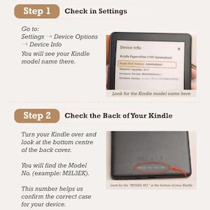 Puede incluir: Un gr&aacute;fico instructivo titulado How to Find Your Kindle Model. El paso 1 muestra una pantalla Kindle con Device Info y Kindle Paperwhite 11th Generation resaltado. El paso 2 muestra la parte trasera de un Kindle con el Model No. M2L3EK rodeado.